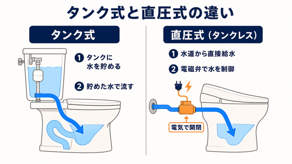タンク式と直圧式タンクレストイレの水の流れを比較した図